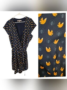 Hutch Anthropologie Squirrel Print Navy Blue Mini Wrap Dress Plus Size